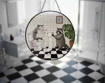 Quirky Raccoon and Possum Bathroom Glass Suncatcher, Humorous Animal Window Decor, Funny Toilet Art, Whimsical Bathroom Gift