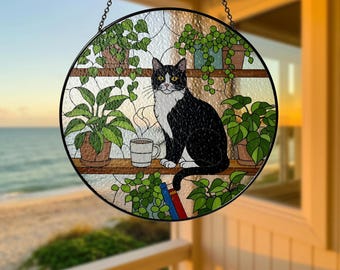 Tuxedo Cat Glass Suncatcher: Charming Bookshelf & Houseplant Decor for Cat Lovers