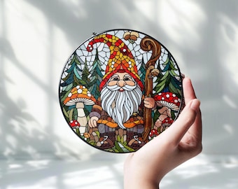 Autumn Leaves Gnome Stained Glass Suncatcher, Mushroom Glass Decor, Gift for Her, Gnome Lover, House & Garden Decoration