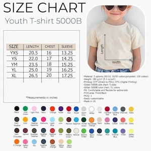 May include: A youth t-shirt size chart with measurements in inches. The chart includes sizes YXS to XL, with length, chest, and sleeve dimensions. The image also shows a child wearing a t-shirt and a color chart with various options.