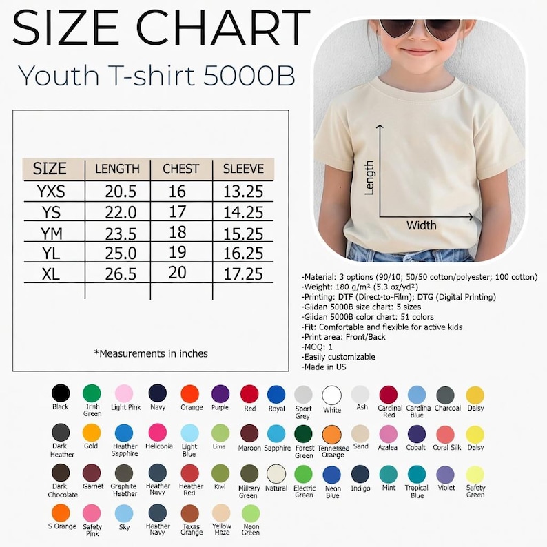 May include: A youth t-shirt size chart with measurements in inches. The chart includes sizes YXS to XL, with length, chest, and sleeve dimensions. The image also shows a child wearing a t-shirt and a color chart with various options.