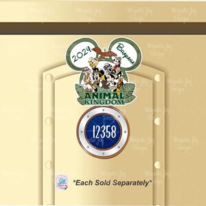 May include: A decorative magnet featuring a Mickey Mouse ear shape with the text 2024 and Brapana, displaying Disney Animal Kingdom characters in safari gear. Below is a circular porthole magnet with a blue center and the white number 12358.
