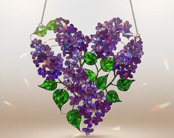 Heart-Shaped Purple Lilac Holographic Ornament, Floral Acrylic Window Hanging, Spring Garden Decor, Gift for Her, Lilac Home Decoration