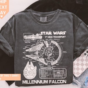 Retro 80s Star Wars Millennium Falcon Tee, Crop Top, Grey Schematics Design, Classic Movie Graphic, Perfect for Star Wars Fans, Sci-Fi Gift