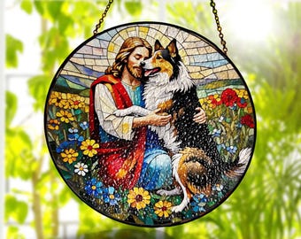 Jesus with Rough Collie GLASS Suncatcher, Dog Mom Decor, Collie Memorial Gift, Christian Home Decor, Dog Lover, Rough Collie Mom Gift