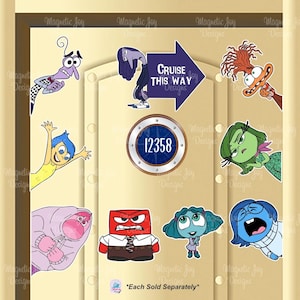 May include: A collection of colorful character magnets featuring various animated figures, including a purple character, a yellow character, a red square character, a blue character, and a green character, alongside a purple arrow sign with the text CRUISE THIS WAY.
