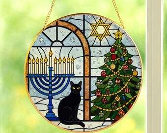 Cat Glass Hanukkah Suncatcher – Menorah & Star of David Window Hanging Decor