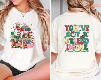 Two-Sided Disney Toy Story Christmas T-Shirt, Crop Top, You've Got a Friend in Me Design, Woody Buzz Lightyear Holiday Party Tee, Retro 90s