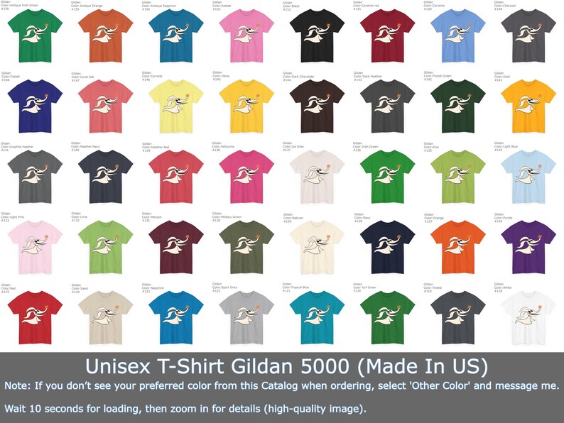 Puede incluir: Una variedad de camisetas unisex Gildan 5000 en varios colores, cada una con un gr&aacute;fico blanco de un personaje con una nariz larga y un coraz&oacute;n peque&ntilde;o. Las camisetas se muestran en una cuadr&iacute;cula, con el texto "Unisex T-Shirt Gildan 5000 (Made In US)" en la parte inferior.