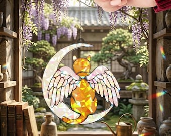 Holographic Orange Tabby Cat Angel Suncatcher: Memorial Ornament for Pet Remembrance
