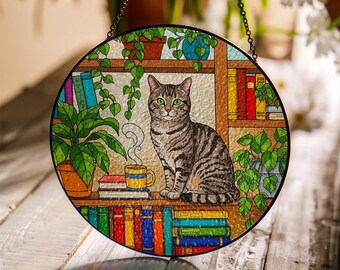 Tabby Cat Glass Suncatcher: Window Hanging for Bookshelves & Houseplants Decor