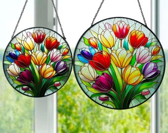 Tulip Glass Art, Tulip Flower Suncatcher, Window Hanging Decor, Flowerpot Home Accent, Grandma & Mother Gift, Stained Glass Tulips