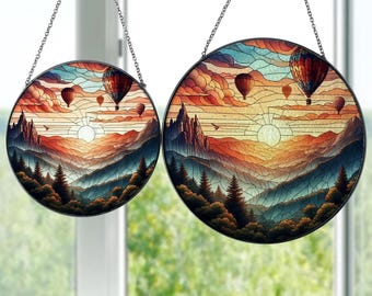 Hot Air Balloon Sky Glass Ornament, Sunset Air Balloon Decor, Majestic Scenery Suncatcher, Gift For Her, Air Balloon Window Decoration