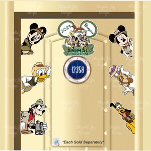 May include: A set of magnetic door decorations featuring Disney characters in safari gear, including Mickey, Minnie, Donald, Daisy, Goofy, and Pluto. A central circular magnet displays the number 12358, and a top magnet reads Disney Animal Kingdom 2024.