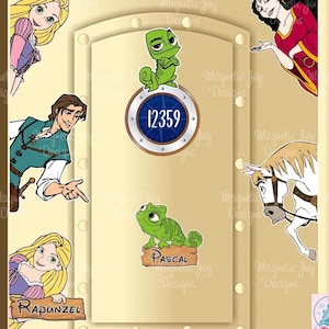 May include: A set of magnetic decals featuring cartoon characters Rapunzel, Flynn Rider, Mother Gothel, Maximus, and Pascal. The design includes a central circular porthole with the number 12359, and wooden-style name signs for Rapunzel and Pascal.