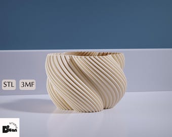 May include: A white ceramic planter with a swirling, ribbed design. The planter is a modern, organic shape.