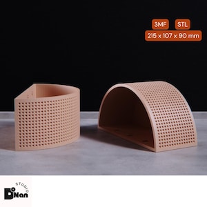May include: Two beige acoustic panels with a grid pattern. The panel on the left is a quarter circle and the panel on the right is a half circle. The text "3MF STL 215 x 107 x 90 mm" is printed on a white rectangle.