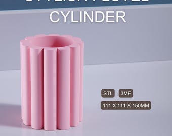 May include: A pink fluted cylinder vase with a scalloped top. STL 3MF 111 x 111 x 150mm. Donanstudio.