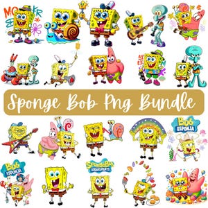 May include: A digital collection of SpongeBob SquarePants character illustrations featuring various poses, expressions, and interactions with friends like Patrick Star and Squidward. The central text reads Sponge Bob Png Bundle.