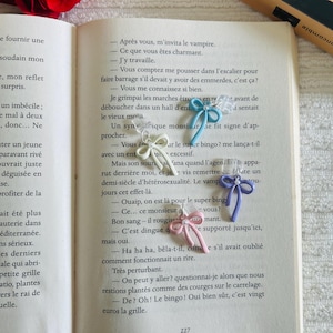 Op de afbeelding: Een verzameling strikvormige bladwijzers in blauw, wit, roze en paars, liggend op de open pagina's van een boek. Het boek heeft Franse tekst. Een rode roos is zichtbaar op de achtergrond.