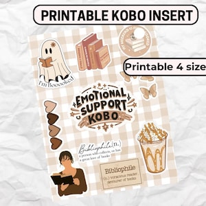 Peut inclure: Une planche d'autocollants avec un motif à carreaux beige et blanc. Les autocollants présentent des illustrations de livres, un fantôme lisant, des cœurs, une boisson au café et les textes "Emotional Support Kobo" et "Bibliophile". Le texte "Printable Kobo Insert" est en haut.