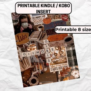 Peut inclure: Image de style collage sur le thème de l'automne. Elle présente des tasses à café, des livres et le texte "Gilmore Girls" épelé avec des lettres. L'image comprend également le texte "Printable Kindle / Kobo Insert" et "Printable 8 size."