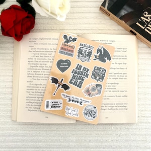 Op de afbeelding: Een verzameling bruine stickers met diverse ontwerpen en tekst, waaronder vleermuizen, draken en zinnen als "Fourth Wing" en "In My Fourth Wing Era". De stickers liggen op een open boek, met een rode roos en een witte bloem op de achtergrond.