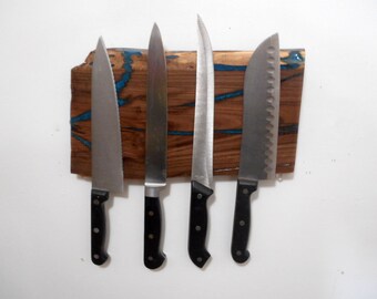 12" Dark Walnut Burl Hard wood Ocean Blue resin infused Live Edge Natural Wood Knife holder, Strong Magnetic Holder,Housewarming Gift, L@@K