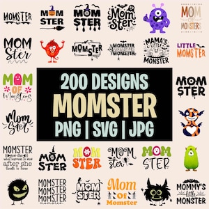 Op de afbeelding: Een verzameling van 200 digitale grafische ontwerpen met de tekst Momster, Mom of Monsters en Little Momster. De ontwerpen bevatten diverse lettertypes en Halloween-thema illustraties van geesten, vleermuizen, spinnen en kleurrijke cartoonmonsters.