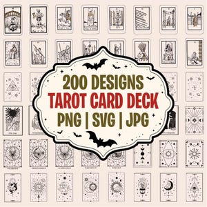 Puede incluir: Una colección de diseños de cartas de tarot con arte lineal negro sobre un fondo claro. La etiqueta central muestra el texto 200 DESIGNS TAROT CARD DECK PNG | SVG | JPG con siluetas de murciélagos negros y pequeños iconos de estrellas.