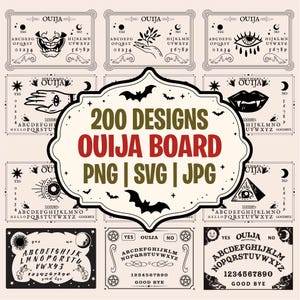 Peut inclure: Une collection numérique de 200 modèles de planches Ouija aux formats PNG, SVG et JPG. L'image présente diverses planches rectangulaires avec des alphabets, des chiffres et des illustrations mystiques comme des yeux, des mains, des chauves-souris.