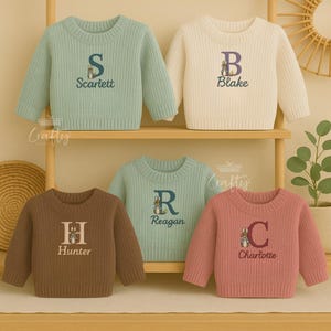 Suéter de coelho personalizado com nome, suéter de tricô para meninas, roupa de Páscoa para meninos, suéter com letras de animais, presente de chá de bebê, presente personalizado