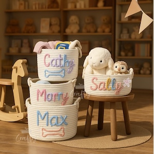 Gestickter Namenskorb für Kinder | Personalisierter Spielzeug-Aufbewahrungskorb | Seil Organizer für Kinderzimmer, Schrank oder Haus | Baby-Dusche-Geschenk
