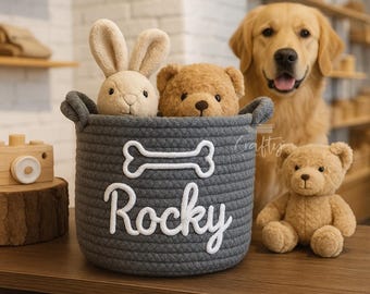 Custom Name Personalised Round Storage Basket | Custom Rope Bin for Toys, Pets, Nursery | Embroidered Home Organiser | Gift Idea | Storage