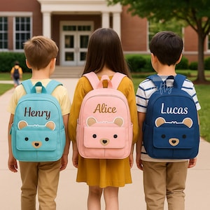 Bear Backpack Personalised with Name, Toddler Travel Bag, Preschool Kids Rucksack, Cute Embroidered Gift for Boys Girls, Nursery Bag, School