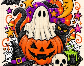 Calavera de gato negro de Halloween, temporada espeluznante, temporada de Halloween Archivo PNG: Diseño de camiseta (descarga digital)