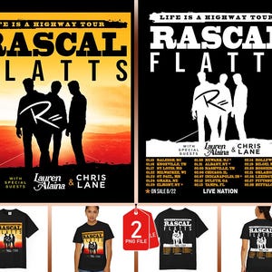 Puede incluir: Imagen promocional con dos carteles de conciertos para el "Life is a Highway Tour" de Rascal Flatts, con los invitados especiales Lauren Alaina y Chris Lane. La imagen también incluye maquetas de camisetas negras con el diseño de la gira y una etiqueta "2 archivos PNG".