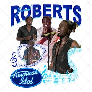 Può includere: Un design grafico con Jamal Roberts, con il testo "Jamal Roberts" in blu. L'immagine include note musicali, una chiave di violino e il logo "American Idol".