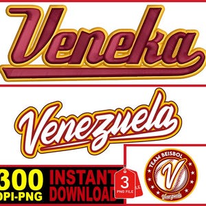 Könnte beinhalten: Digitales Design mit dem Wort "Veneka" in weinroter Schrift mit goldenem Umriss und "Venezuela" in ähnlichem Stil. Enthält ein Baseball-Teamlogo und den Text "300 DPI-PNG SOFORT-DOWNLOAD".