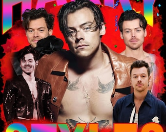 May include: A graphic design featuring the name "HARRY STYLES" in rainbow colors. The image includes multiple photos of Harry Styles, with a brown leather jacket and a butterfly tattoo visible.