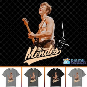 Könnte beinhalten: Grafik von Shawn Mendes beim Gitarrespielen, mit dem Namen "Shawn Mendes" in einer stilisierten Schriftart. Das Bild ist vor einem schwarzen Hintergrund mit Rautenmuster und einem Symbol für digitale Downloads. Darunter befinden sich vier T-Shirt-Mockups.