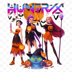 May include: Digital illustration featuring three women in Halloween costumes, holding jack-o'-lanterns. A blue cat wearing a witch hat sits in front of pumpkins. The image includes bats, ghosts, and the text "HUNT RX" in a colorful font.