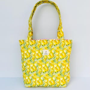 Quilted tote bag shopping bag yellow lemon pink gingham travel bag gifts for her handmade