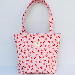 Quilted tote bag shopping bag pink cherries gingham travel bag gifts for her handmade