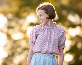 Bayou Girl's Gingham Peasant Blouse: Handmade Cotton Top - 3mo to 16 yrs