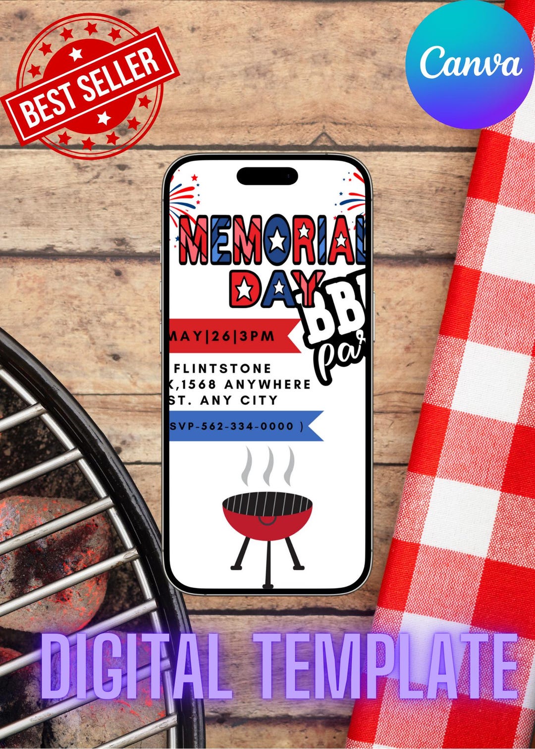 Memorial Day BBQ Invitation Template, Easy Self Edit Template, Canva ...