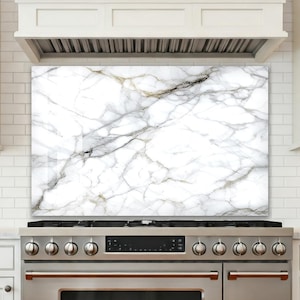 May include: A stainless steel range with a black oven door and a marble-patterned backsplash. The range has six burners and a control panel with a digital display.