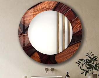 木目調の特大ラウンド強化ガラスウォールミラー：リビングルーム、玄関、バスルームの装飾