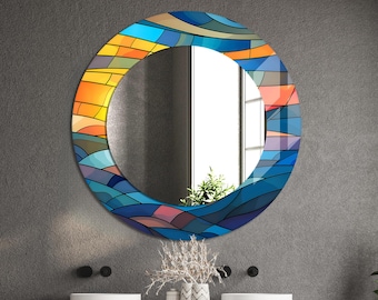 Espelho de parede redondo de vidro temperado abstrato: decoração com impressão UV