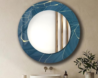 Specchio da parete rotondo di grandi dimensioni in vetro temperato blu con tema marmo: ideale per soggiorno, ingresso e bagno.